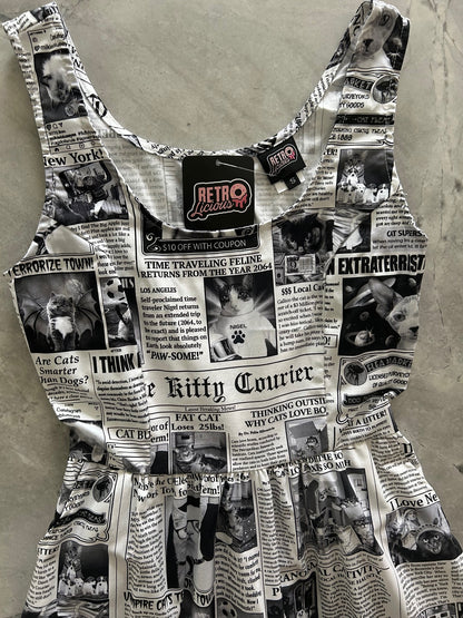 flatlay of bodice of newspaper cats fit and flare dress