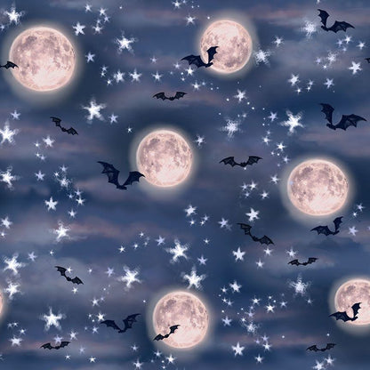 swatch of bat moon print showing the full moon, stars and bats on blueish background