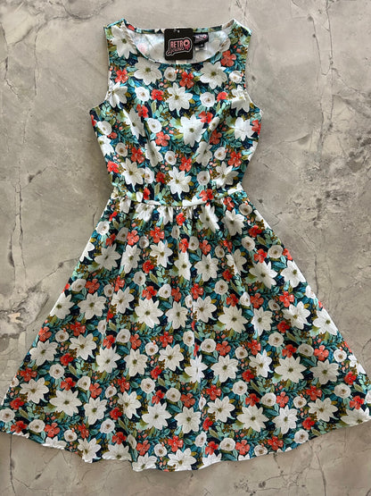 flatlay of winter floral vintage dress