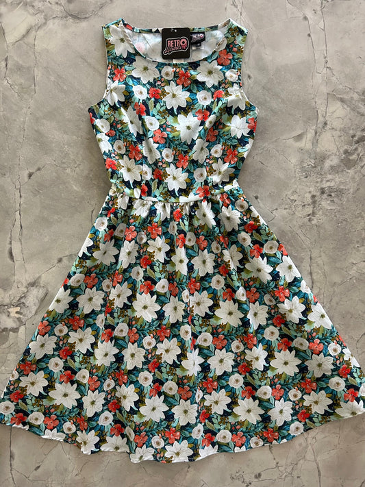 flatlay of winter floral vintage dress