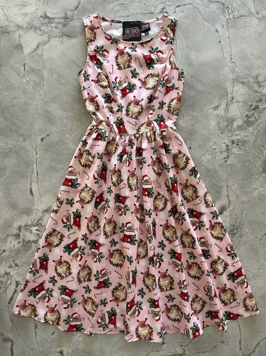 flatlay of holiday cats midi dress