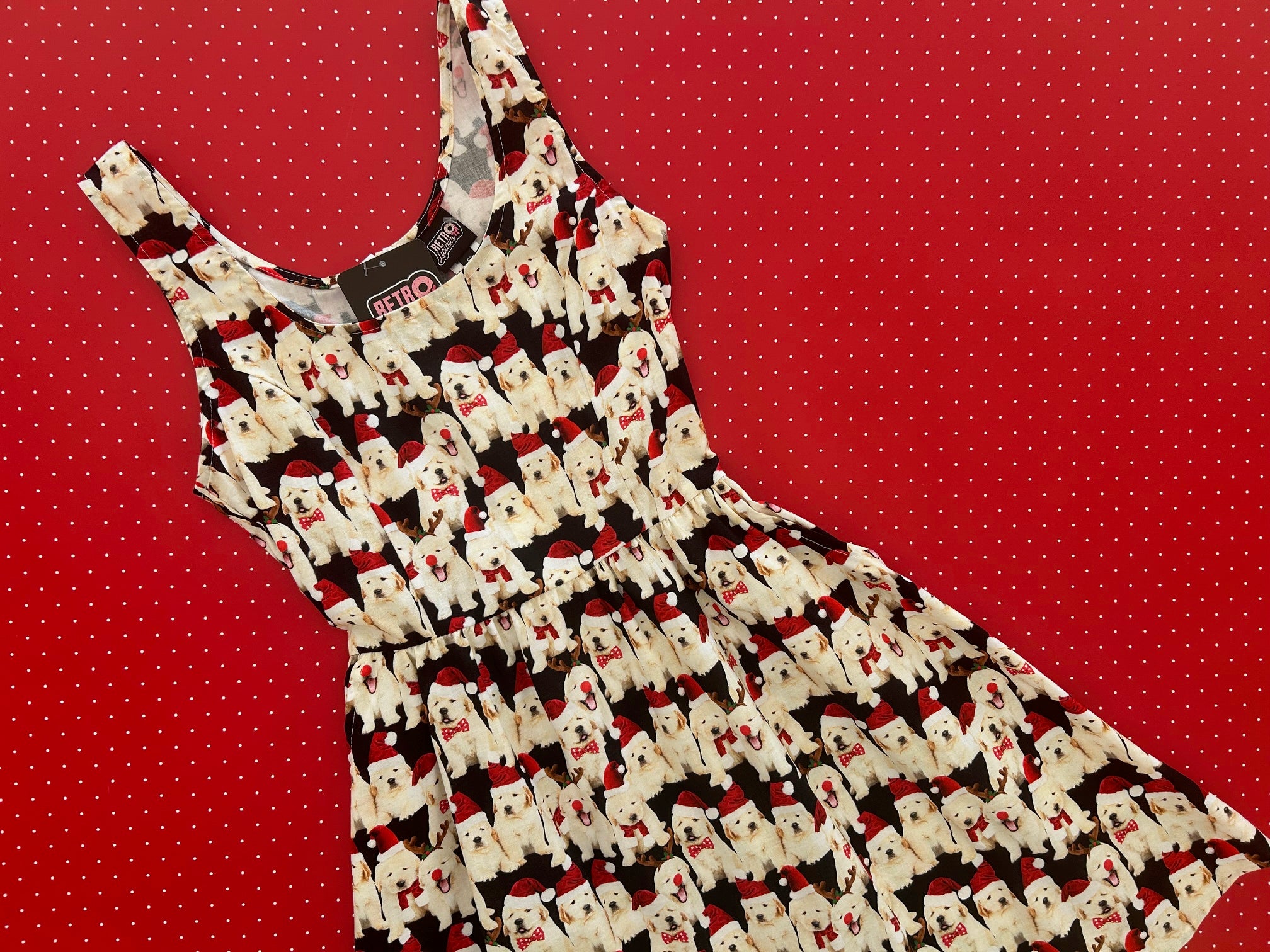 holiday dogs on red polka dot background