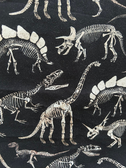 Illustrations of dinosaur skeletons on a black background