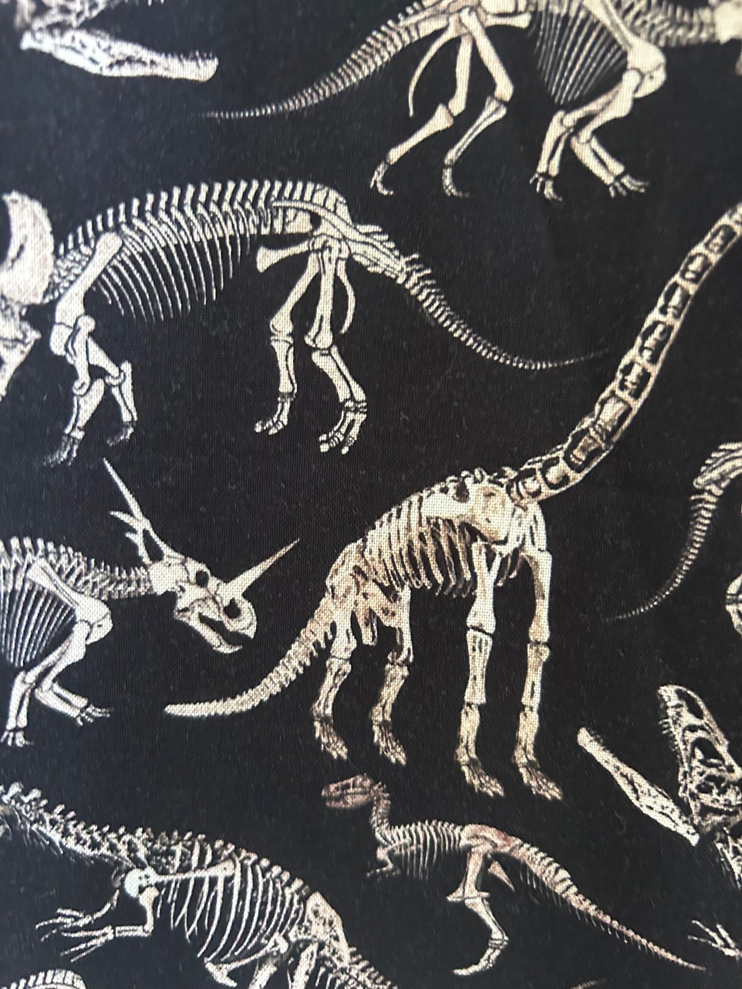 Pattern of dinosaur skeletons on a black background