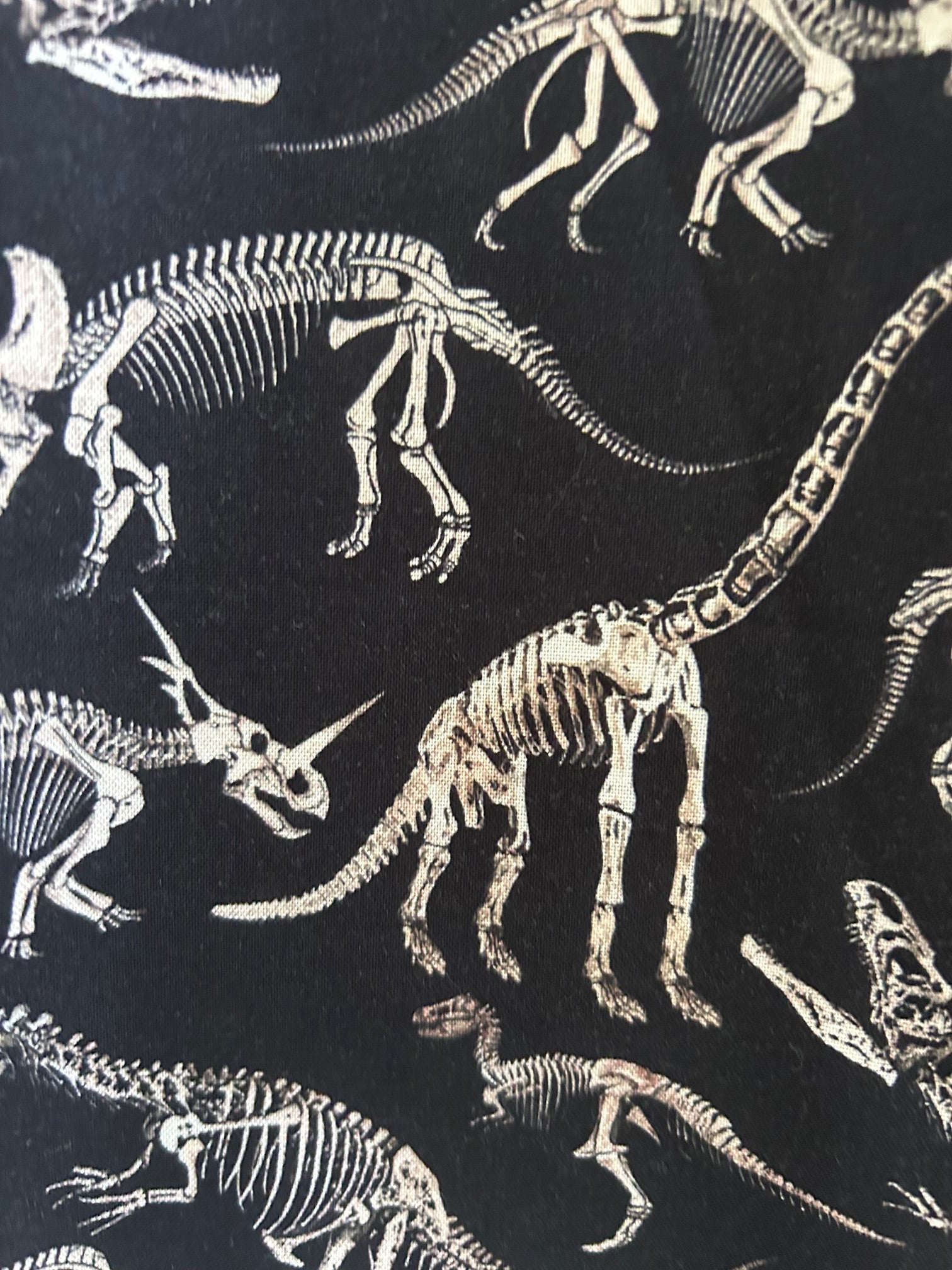 Pattern of dinosaur skeletons on a black background