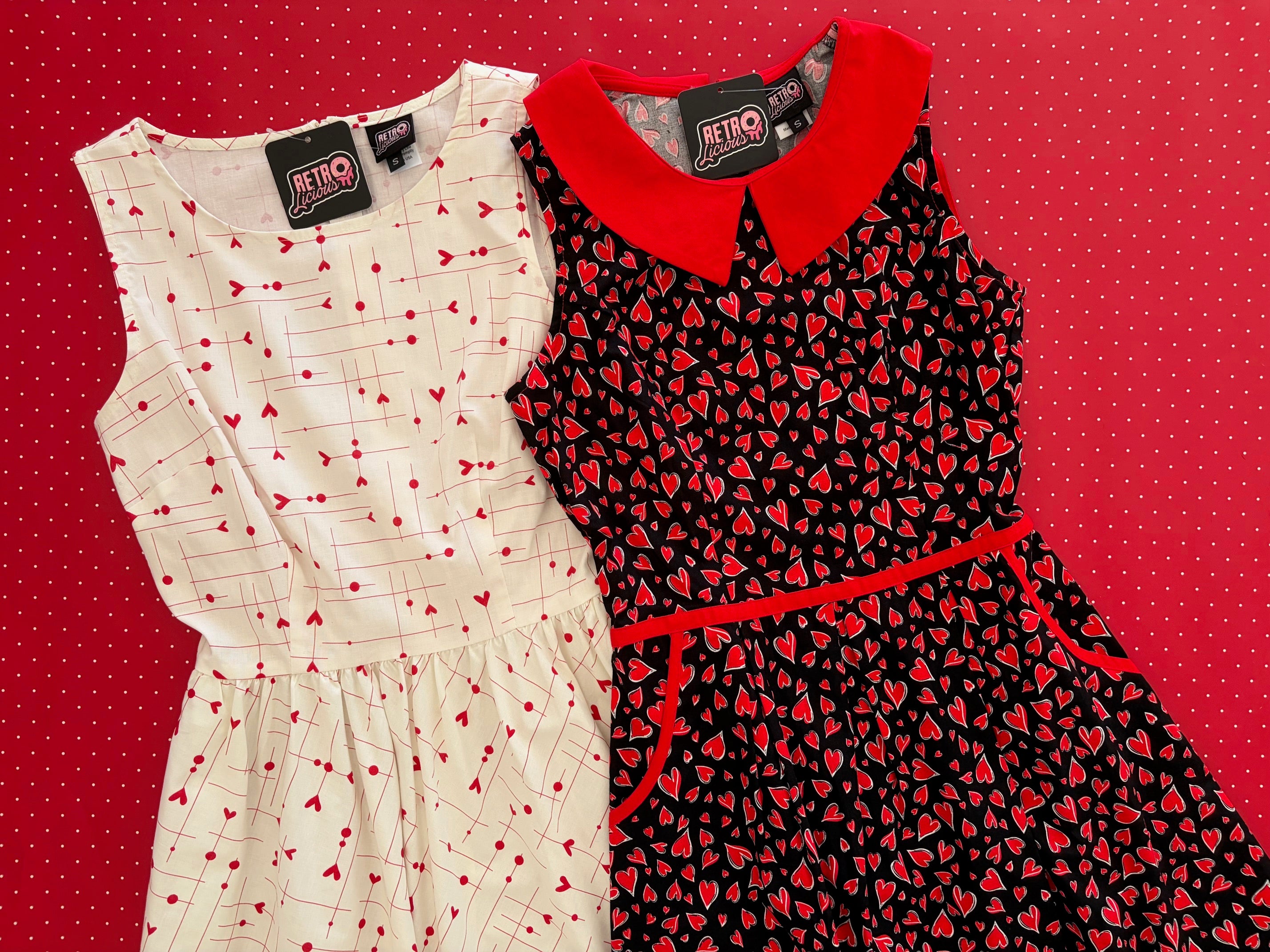 valentines day heart themed dresses on red background