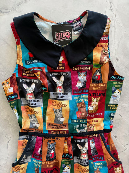 close up of colorful patterned cat print collared dress