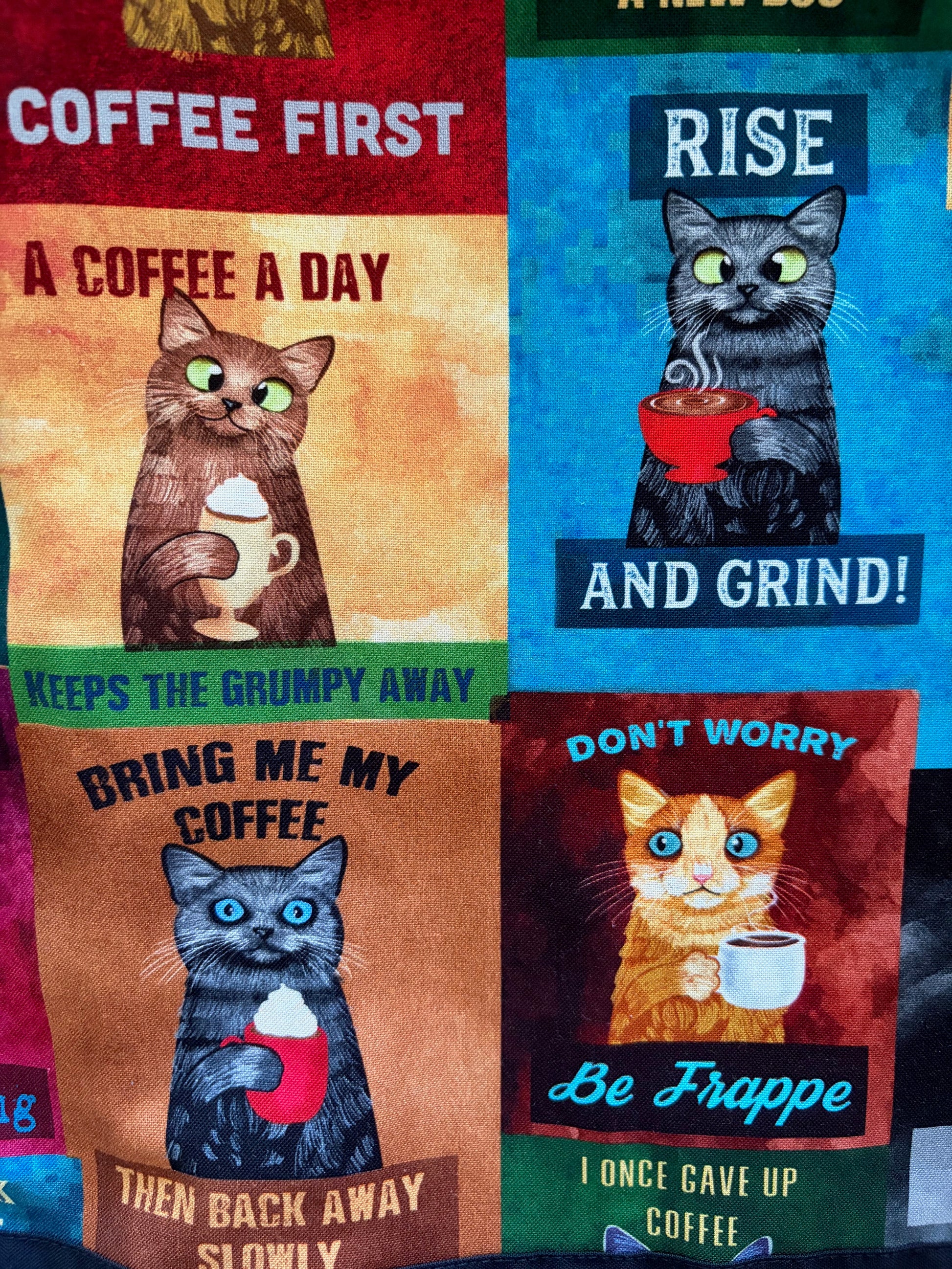 Collection of cat-themed with humorous sayings on a colorful background