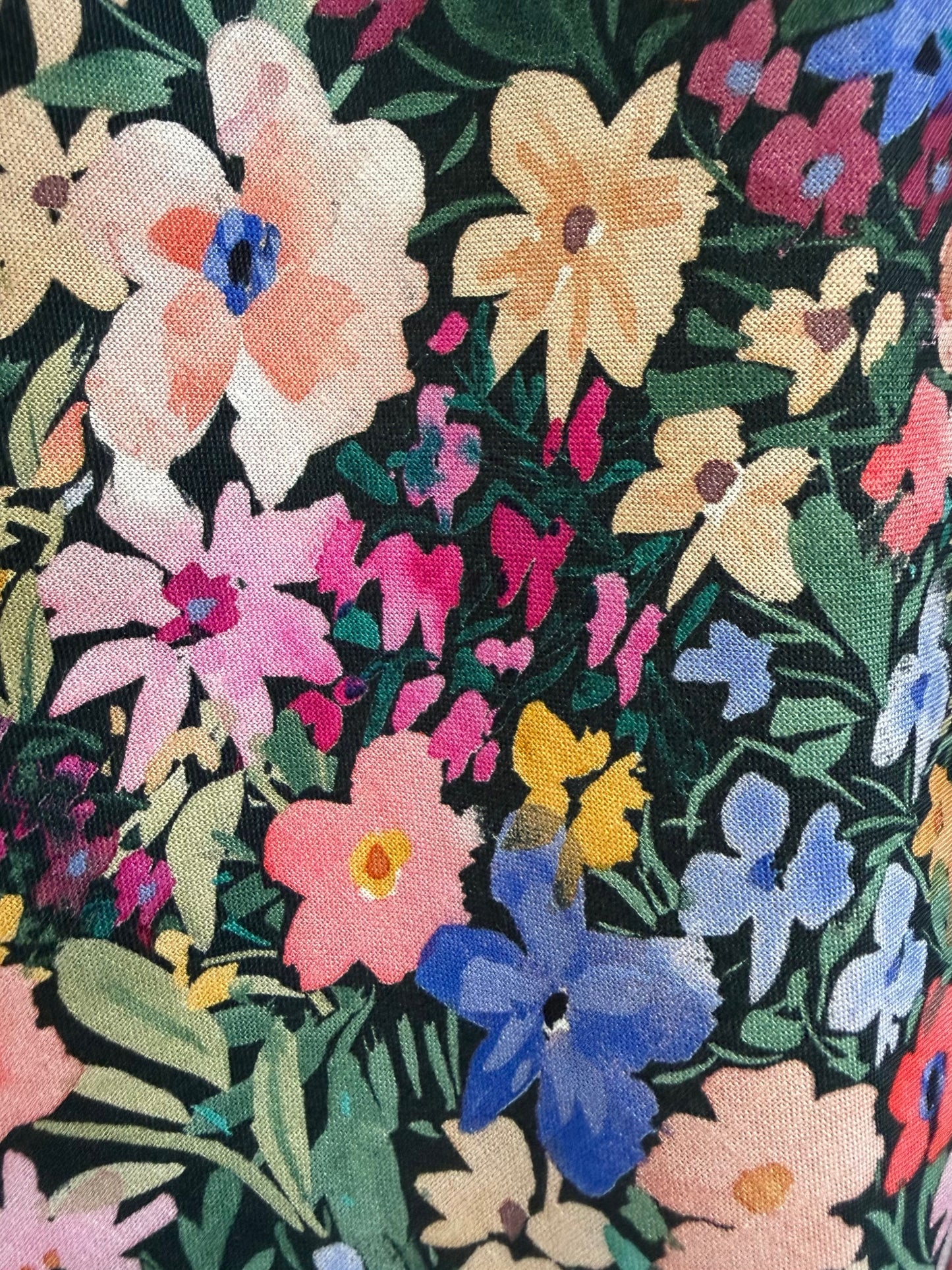 Close-up of a colorful floral pattern on fabric