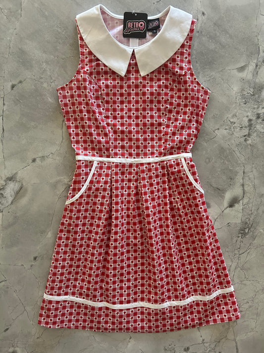 flatlay of strawberry gingham collared dress