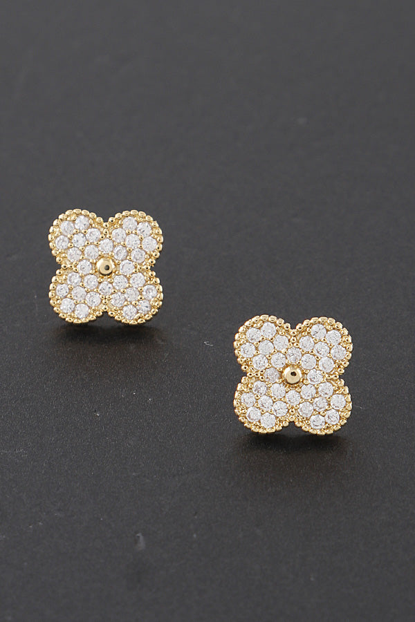 rhinestone clover stud earrings in gold