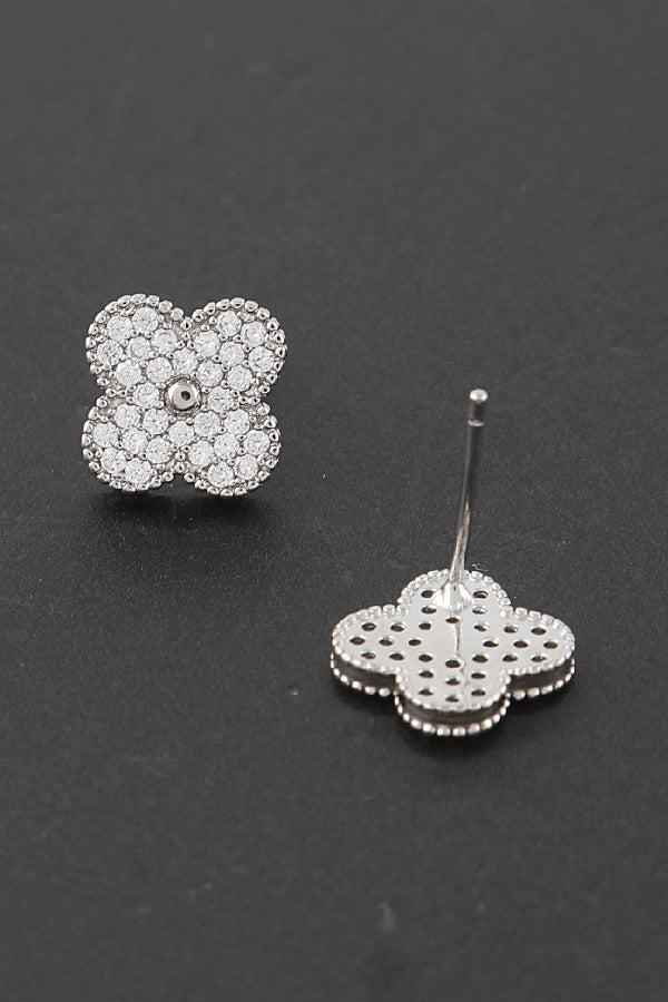 rhinestone clover stud earrings in silver