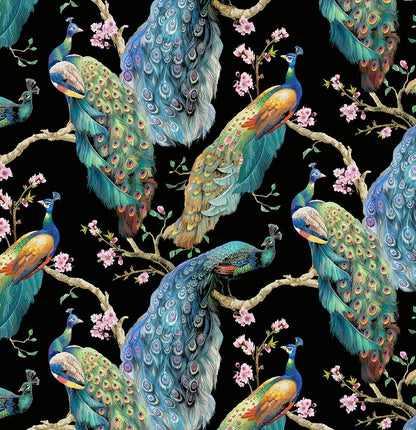 a close up of the fabric shwing details on the print with peacocks on black background