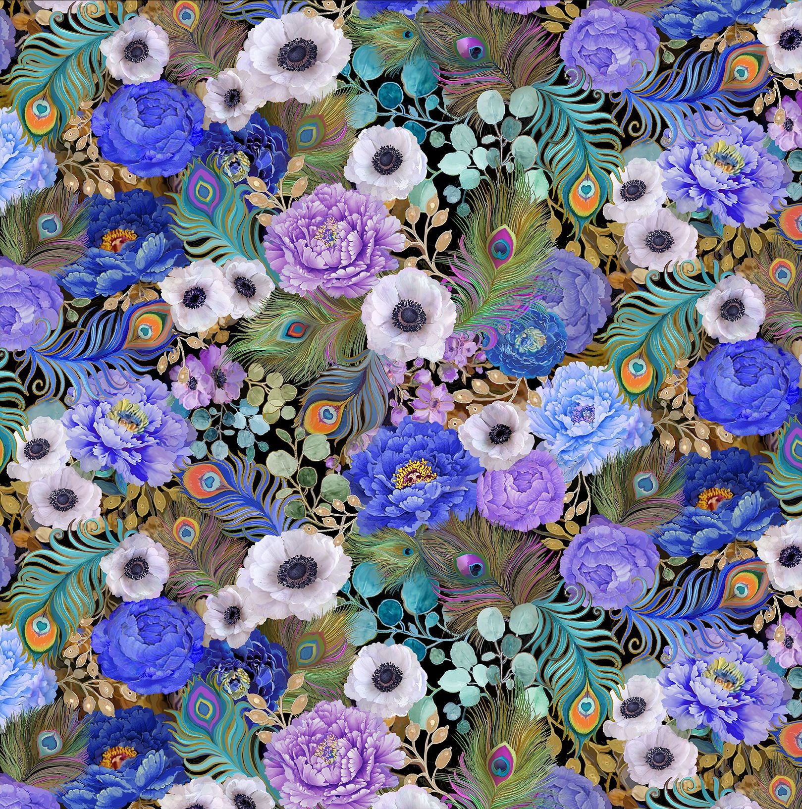 a close up of the fabric showing the pretty flowers and peacock feathers with golden accents