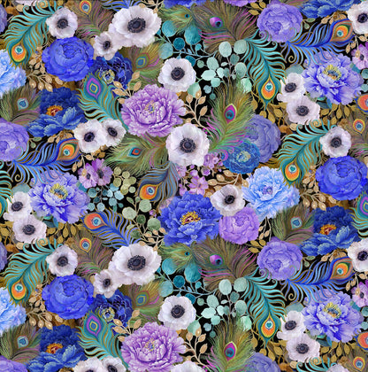 a close up of the fabric showing the pretty flowers and peacock feathers with golden accents