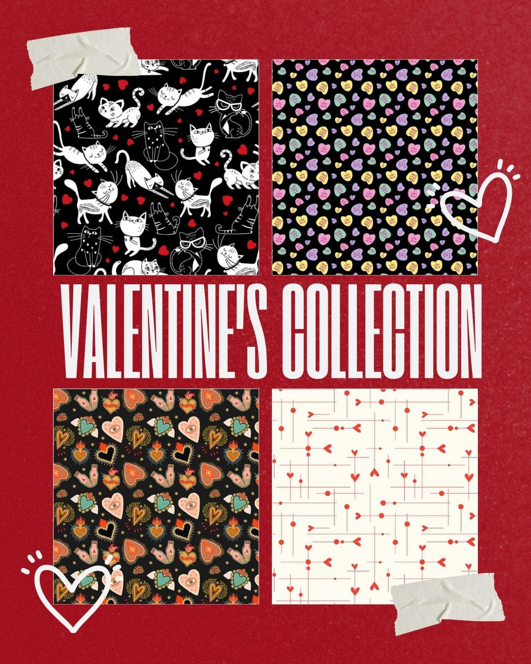 Valentine's Day-themed product collection with various patterns on a red background.