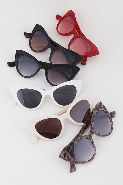 an assortment of different colors of retro cat eye sunglasses