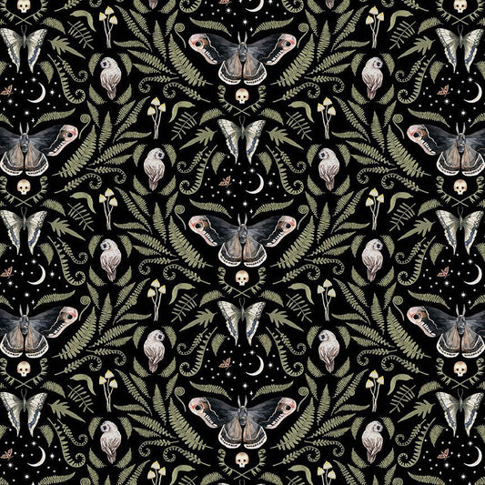 a black background with owls, moths, moon all over print