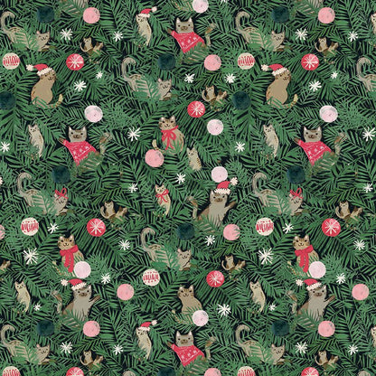 fabric swatch showing cats hidden in tree branches with ornaments