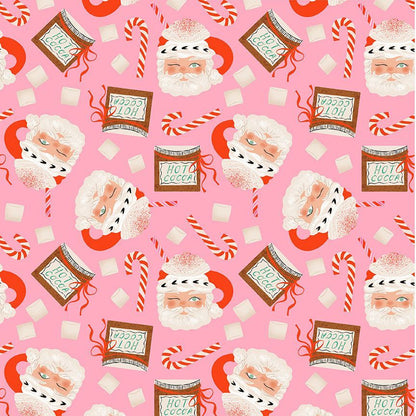 pink background with tossed santa heads and hot cocoa