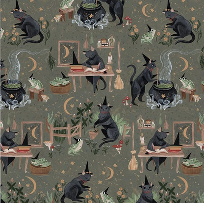 a close up of the print of Witchy Cat Dress