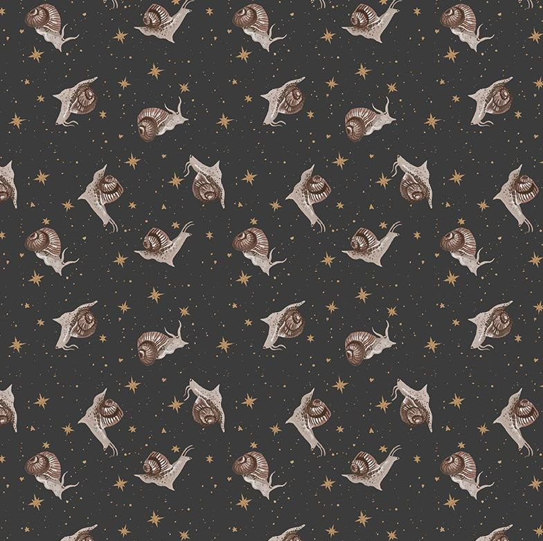 swatch of the fabric with snails and stars