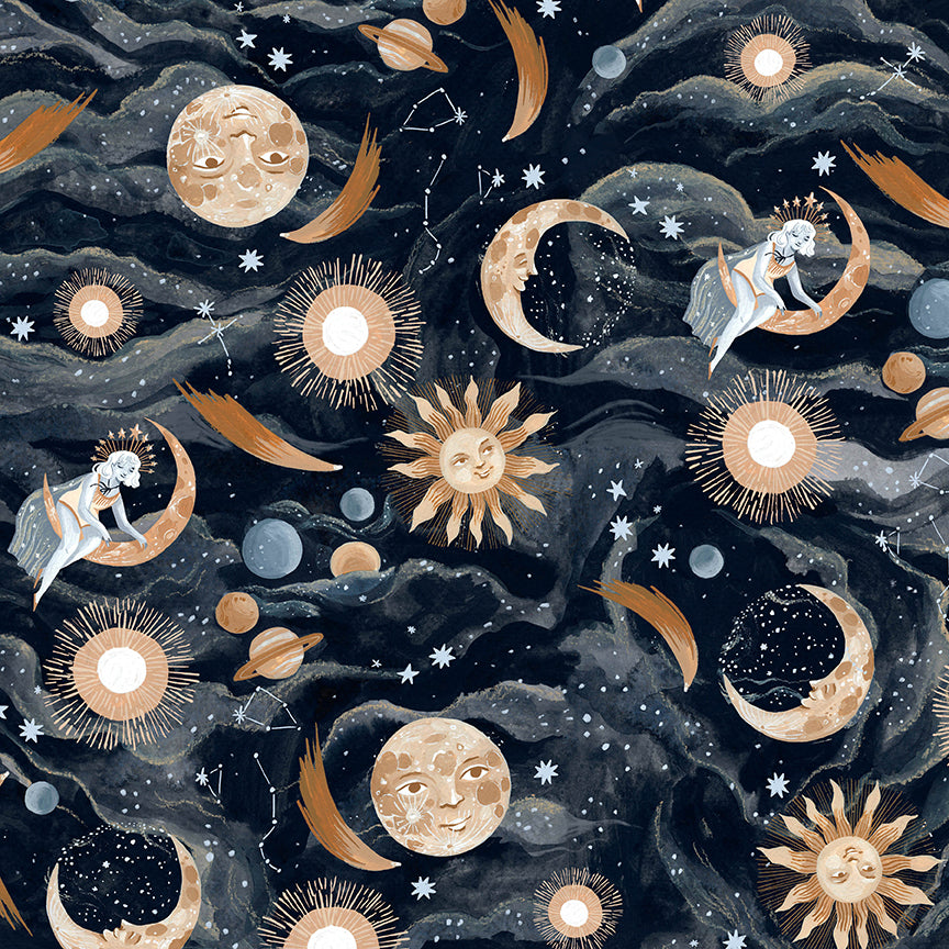 a close up of fabric of luna doris skirt showing the moon and sun and celestial bodies and stars