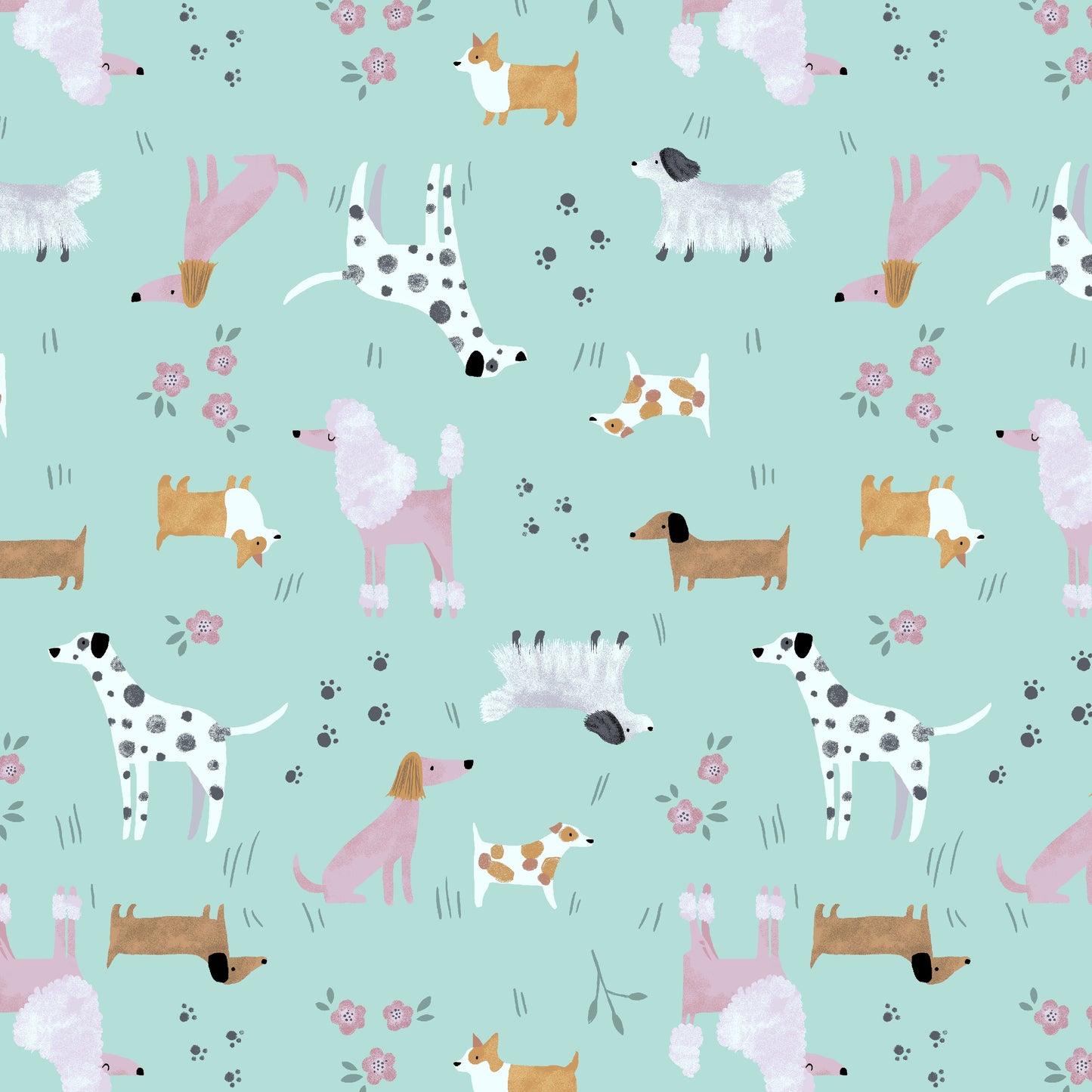Pattern of various dogs on a light blue background with flowers and paw prints.