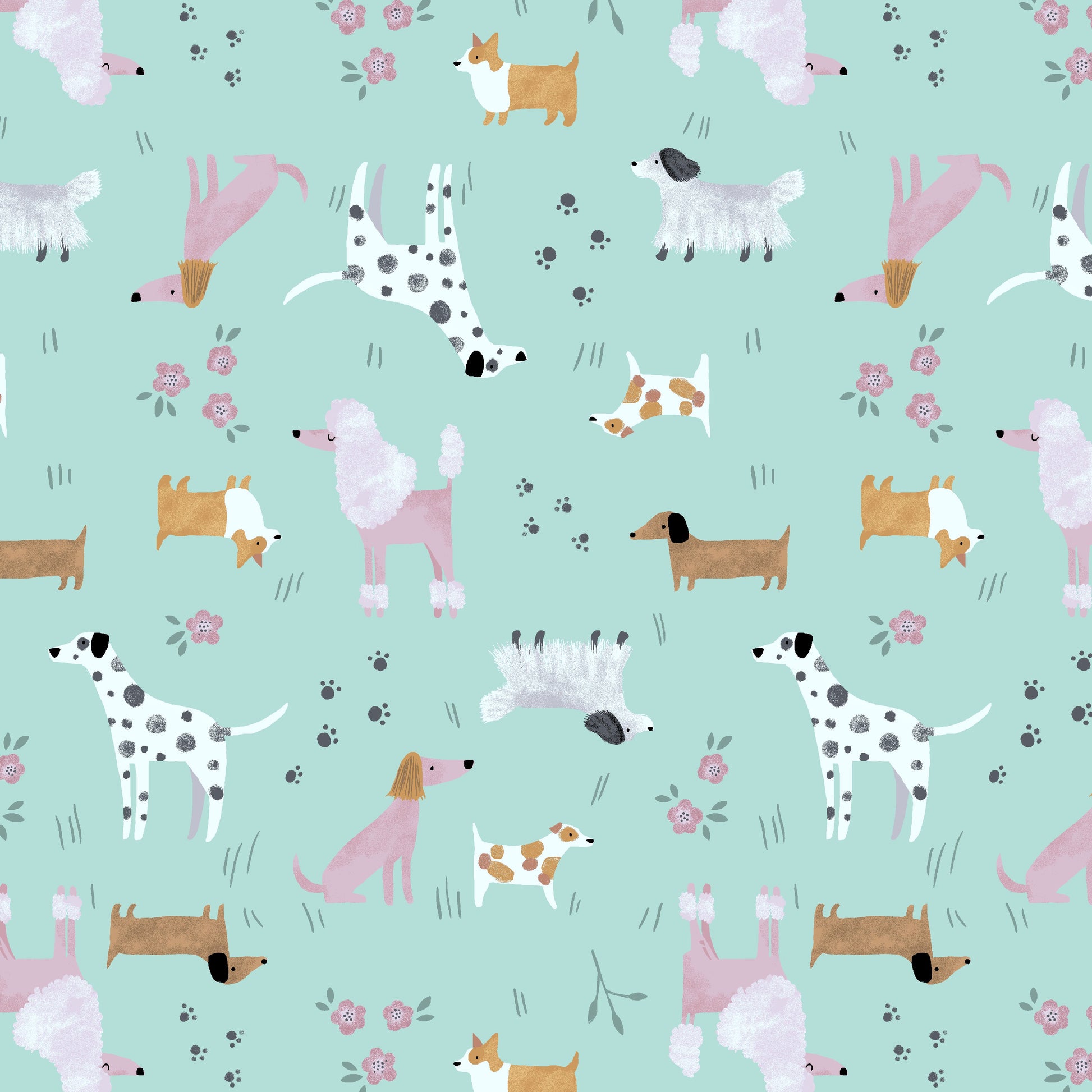 Pattern of various dogs on a light blue background with flowers and paw prints.