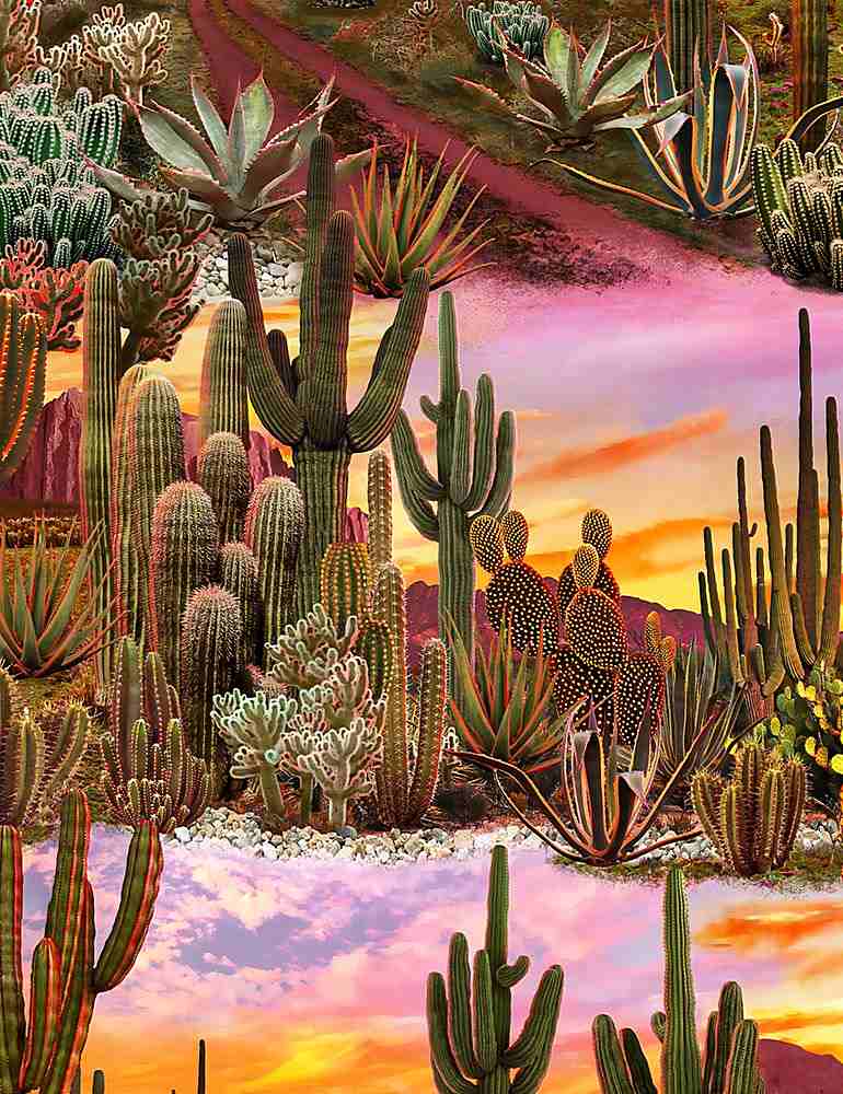 a close up of the fabric print showing the desert scene with cacti and pretty sunsent colors