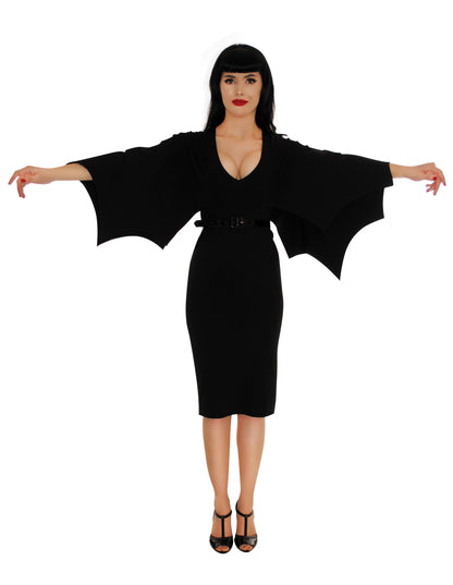 a full size image of a model wearing our bat wing Creature of the Night Wiggle Dress and her arms ar up showing the bat wings and her arms are up showing the bat wings