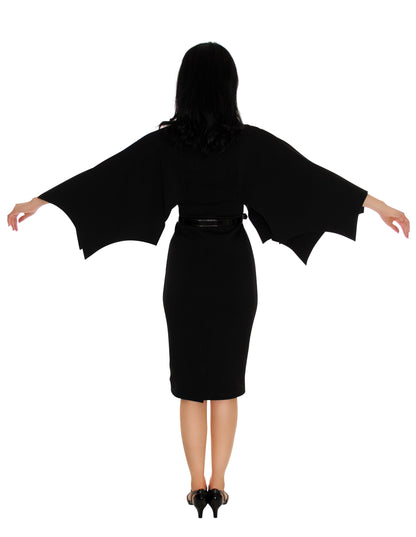a full size image of a back of a model wearing our bat wing Creature of the Night Wiggle Dress and her arms ar up showing the bat wings