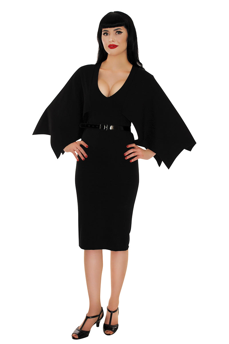 a full size image of a model wearing our bat wing Creature of the Night Wiggle Dress 