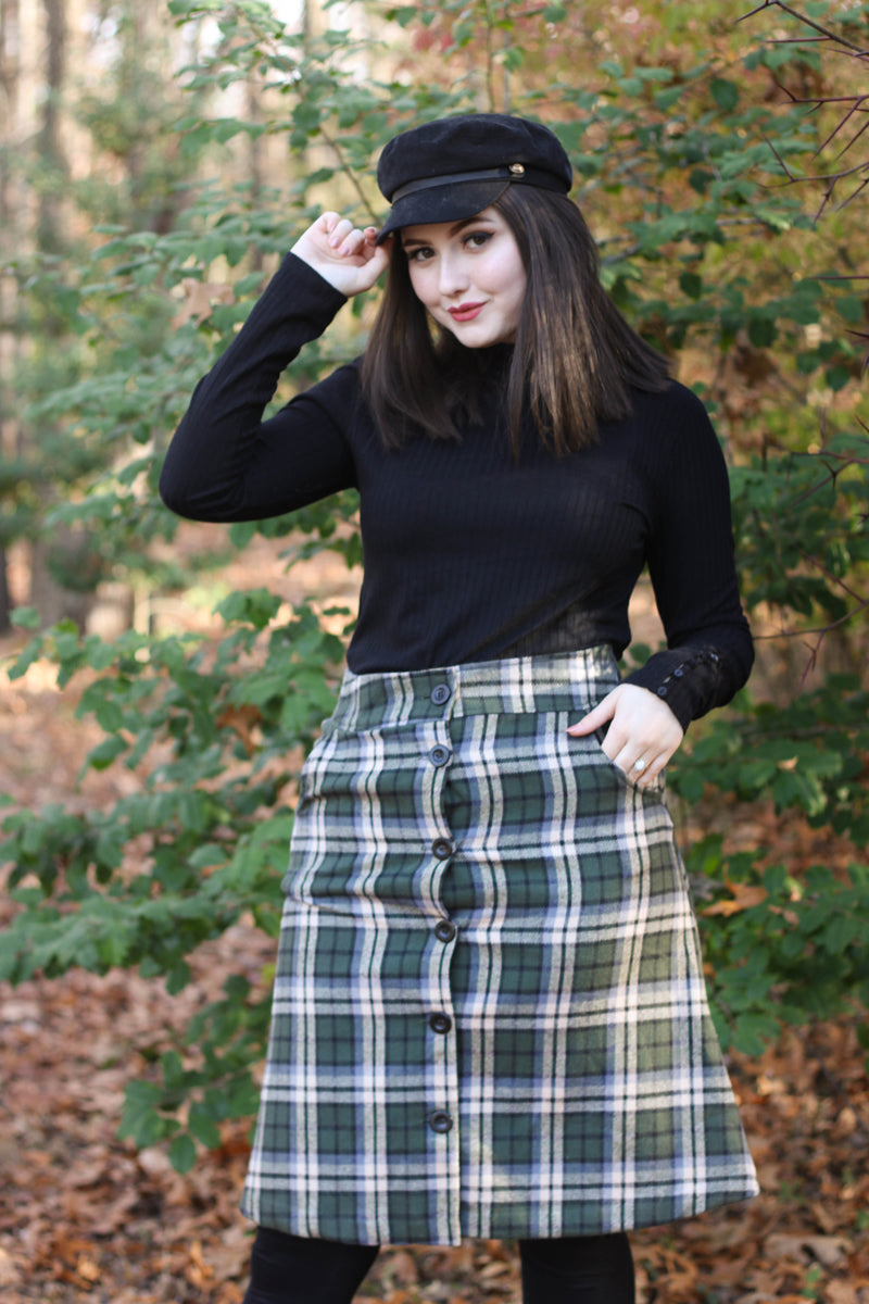 3857 Jackie Skirt in Olive Plaid - Small only, 1 left!