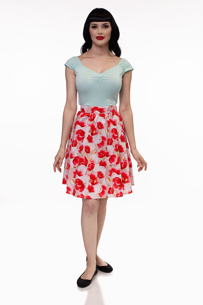 full size image of a model wearing our pink floral a-line skirt