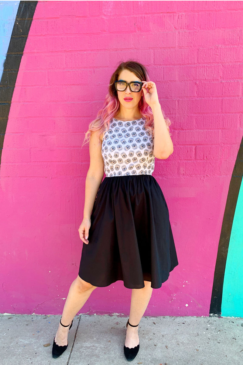 a full size image of a model wearing the hedgehog twofer dress and glasses