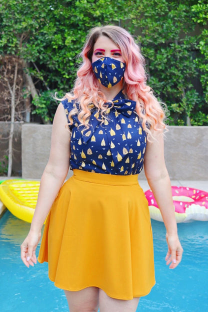 model wearing our beehive bow top with matching face mask