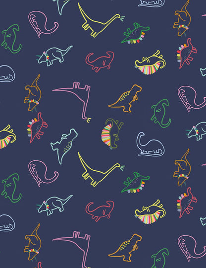 a close up of fabric showing different colored outlines of dinosaurs on dark blue background