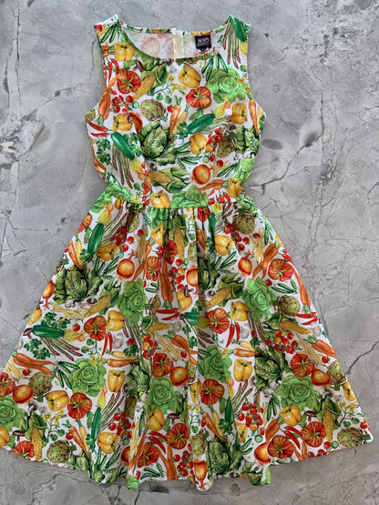 a flat lay of the front of the veggies vintage dress