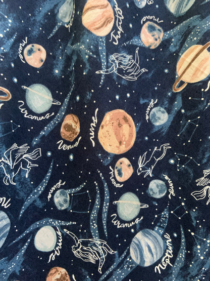 a close up of the fabric showing the palents and constellations