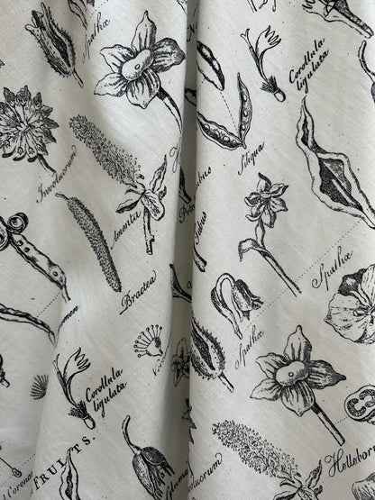 a close up of the fabric of the flower parts vintage dress showing flower part with names written below each one