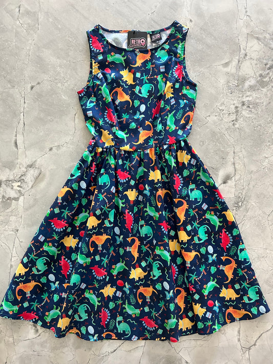 a flat lay of the front of the party dinos vintage dress