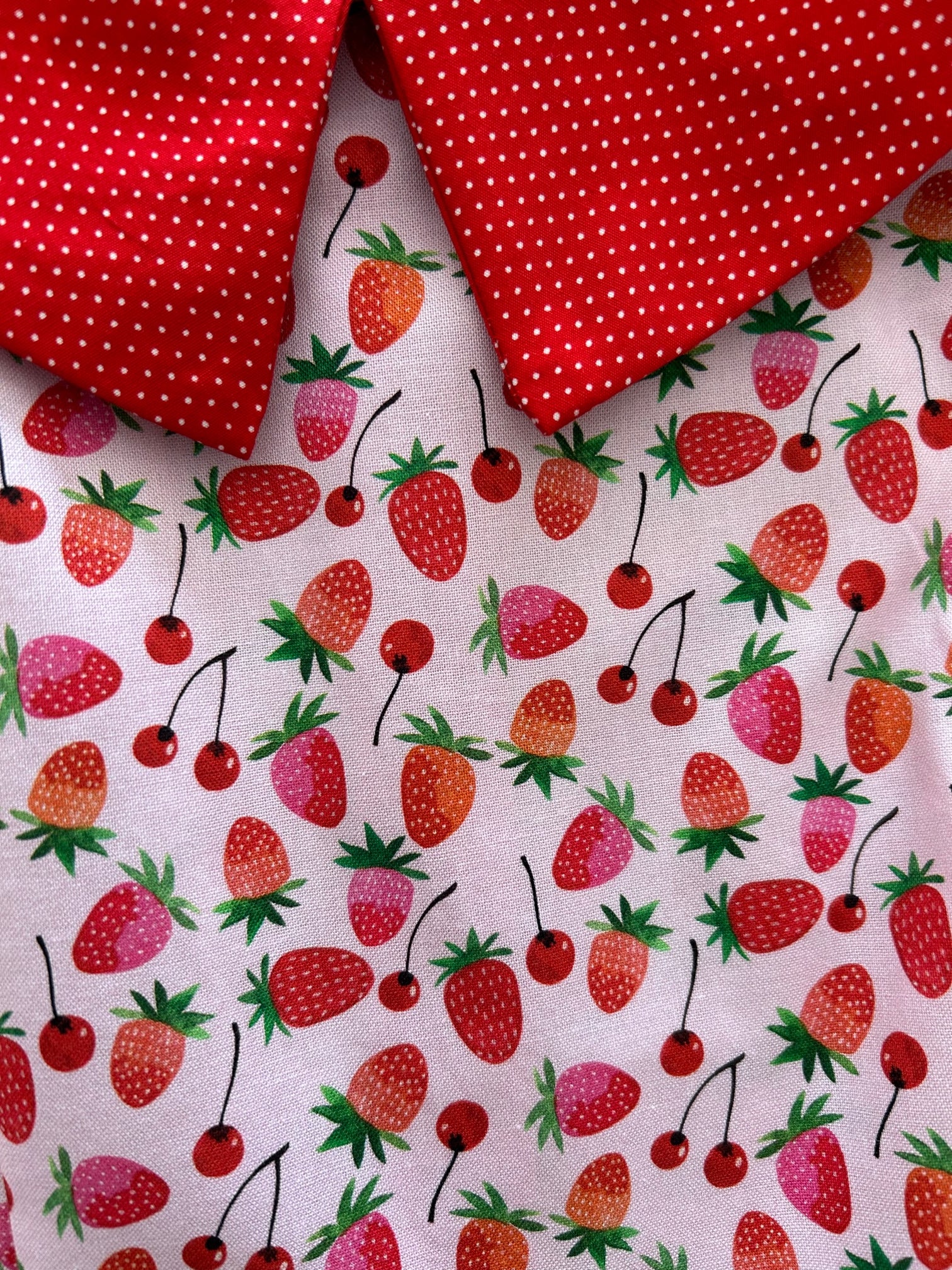 a close up of the fabric showing cherries and strawberries and the polka dot collar detail