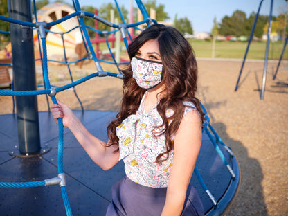 close up of model wearing our math rules bow top with matching mask