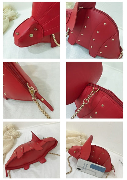 multiple images cobmined to show different angles of Dinosaur Bag in Red