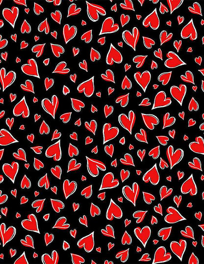 a close up of fabric showing red hearts on black background