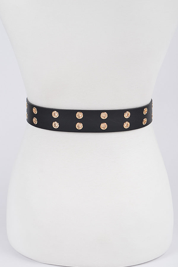 black eyelet belt with gold eyelets