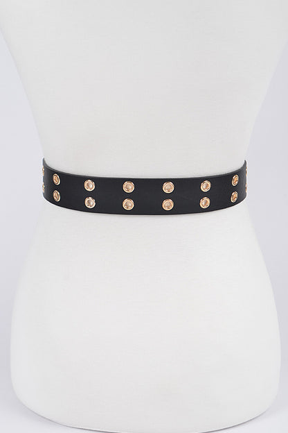 black eyelet belt with gold eyelets