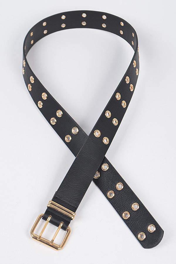 black eyelet belt with gold eyelets