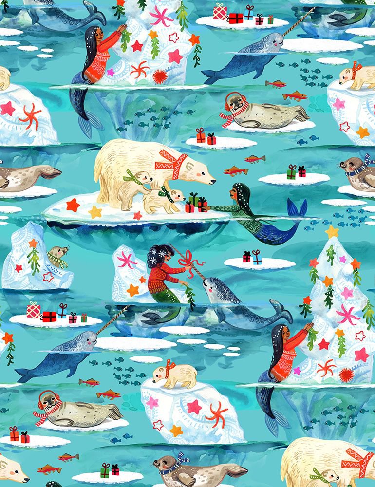 a close up of fabric showing polar bears and mermaids